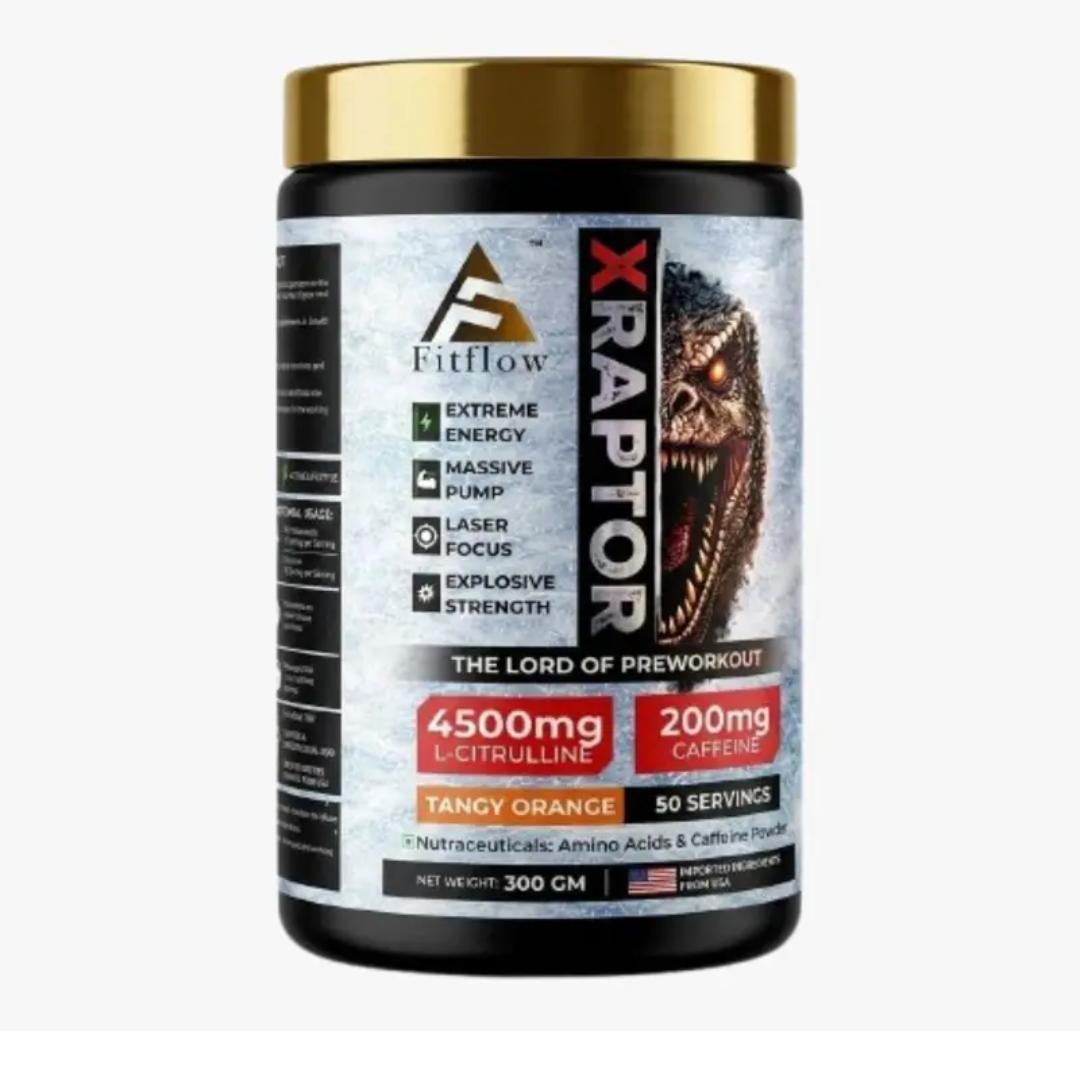 Fitflow X-Raptor Pre Workout for Men & Women | 200mg Caffeine | 4500mg L-Citrulline | Energy, Pump, Focus & Strength Booster | Fruit Punch Flavour | 300g | 50 Servings